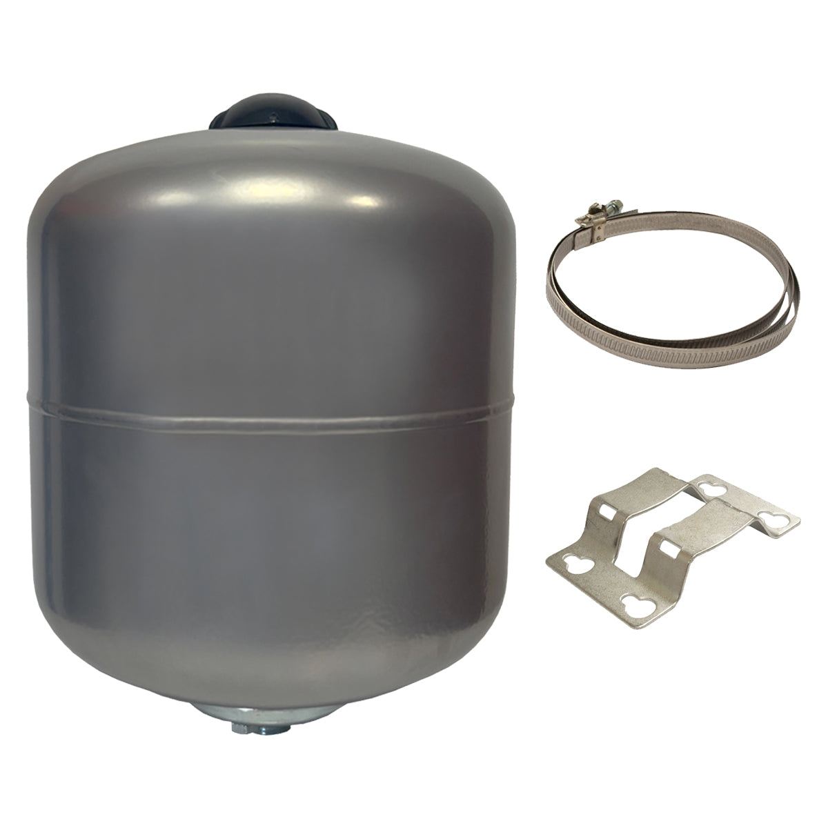 Front View of 8 Litre Grey Potable Expansion Vessel/ Tank with Wrap Around Bracket and Accessories with White Background